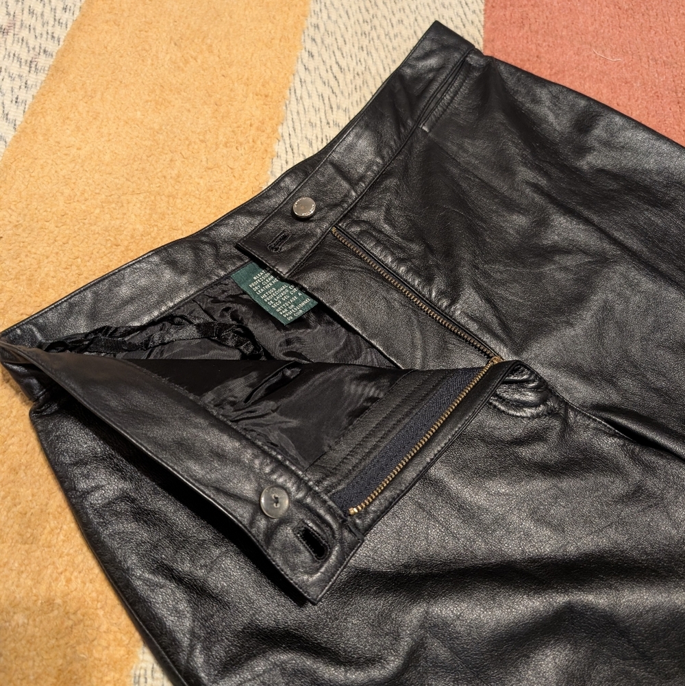 Vintage Lauren Ralph Lauren Black Lambskin Leather Pants High Rise Straight 12 - Picture 4 of 7